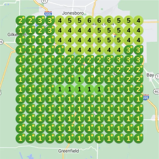 Ranking map for a contractor, 1 month later: a grid of numbered dots over a town map, each showing where the business came up on Google Maps for "water damage repair" from that spot