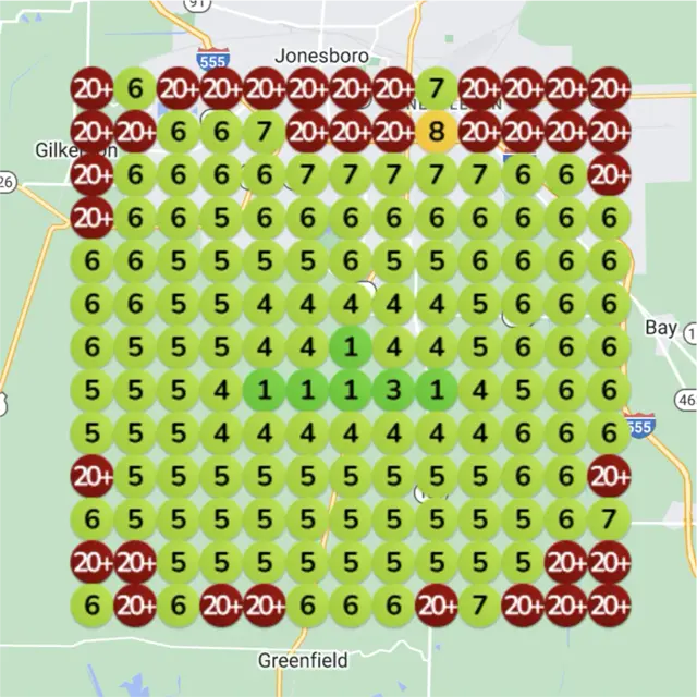 Ranking map for a contractor, before: a grid of numbered dots over a town map, each showing where the business came up on Google Maps for "water damage repair" from that spot