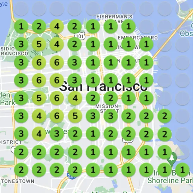 Ranking map for a french restaurant, 3 months later: a grid of numbered dots over a town map, each showing where the business came up on Google Maps for "french restaurant" from that spot
