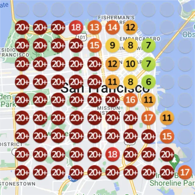 Ranking map for a french restaurant, before: a grid of numbered dots over a town map, each showing where the business came up on Google Maps for "french restaurant" from that spot