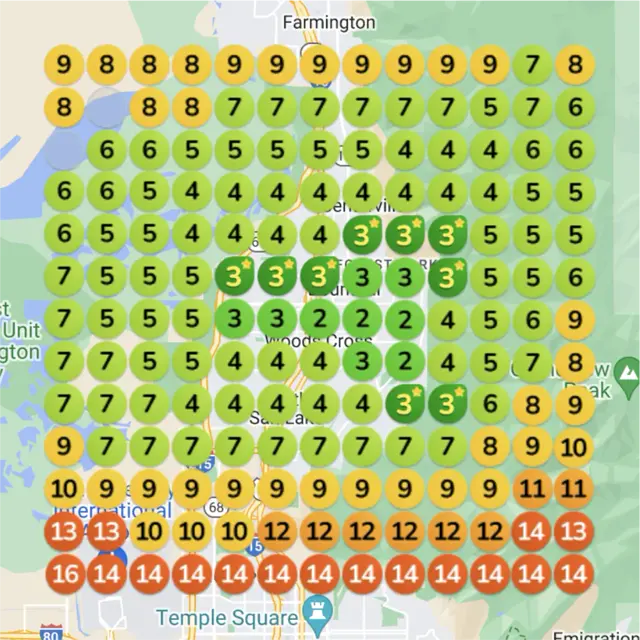 Ranking map for a golf simulator, 2 months later: a grid of numbered dots over a town map, each showing where the business came up on Google Maps for "golf simulator" from that spot