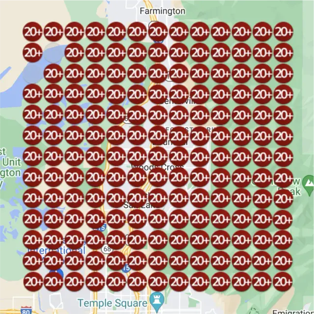 Ranking map for a golf simulator, before: a grid of numbered dots over a town map, each showing where the business came up on Google Maps for "golf simulator" from that spot
