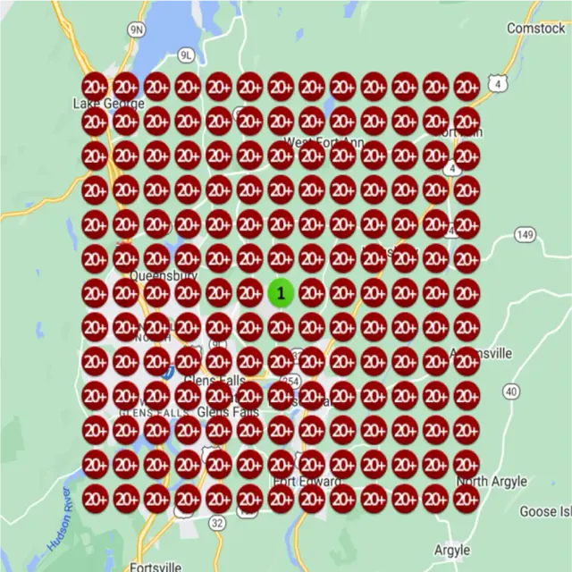 Ranking map for a italian restaurant, before: a grid of numbered dots over a town map, each showing where the business came up on Google Maps for "pasta" from that spot