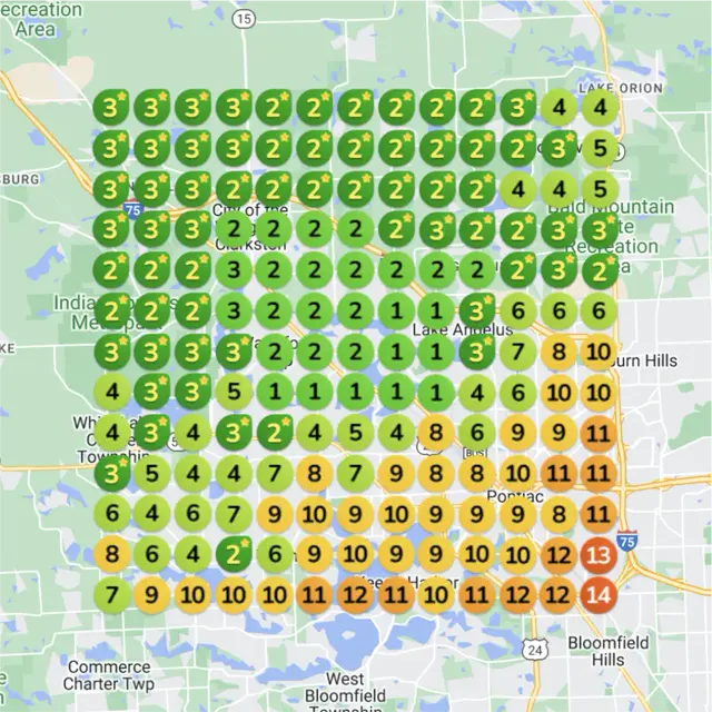 Ranking map for a laundry service, 1 month later: a grid of numbered dots over a town map, each showing where the business came up on Google Maps for "wash and fold" from that spot