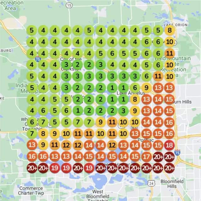 Ranking map for a laundry service, before: a grid of numbered dots over a town map, each showing where the business came up on Google Maps for "wash and fold" from that spot