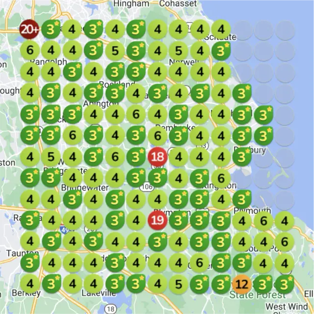 Ranking map for a marketing agency, 3 months later: a grid of numbered dots over a town map, each showing where the business came up on Google Maps for "local seo" from that spot