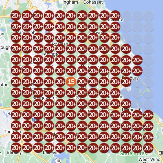 Ranking map for a marketing agency, before: a grid of numbered dots over a town map, each showing where the business came up on Google Maps for "local seo" from that spot