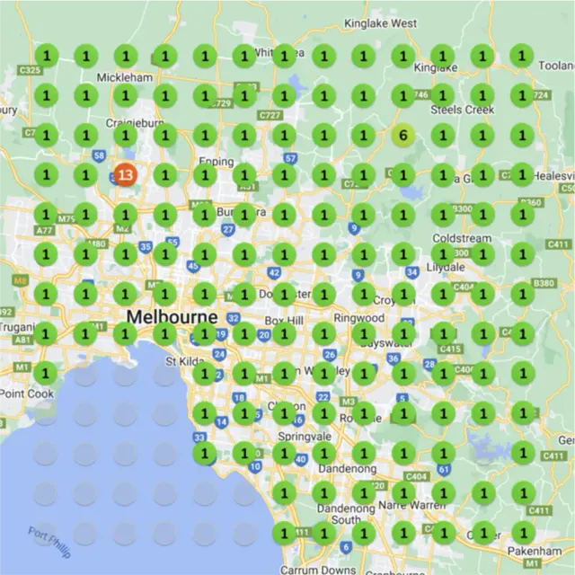 Ranking map for a puppy trainer, 6 months later: a grid of numbered dots over a town map, each showing where the business came up on Google Maps for "puppy classes near me" from that spot