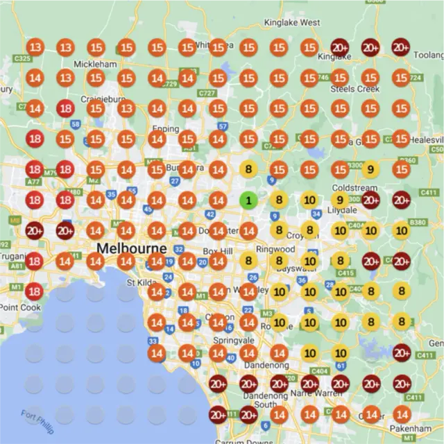 Ranking map for a puppy trainer, before: a grid of numbered dots over a town map, each showing where the business came up on Google Maps for "puppy classes near me" from that spot