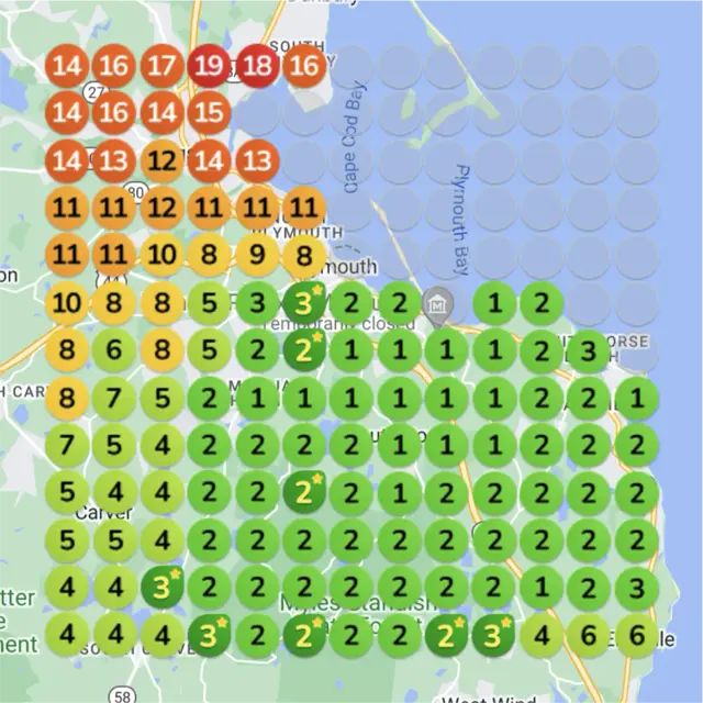 Ranking map for a salon, 1 month later: a grid of numbered dots over a town map, each showing where the business came up on Google Maps for "hair extensions" from that spot