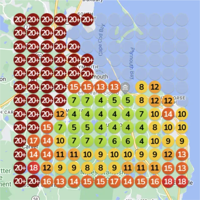 Ranking map for a salon, before: a grid of numbered dots over a town map, each showing where the business came up on Google Maps for "hair extensions" from that spot