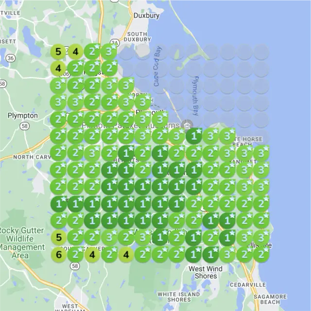 Ranking map for a solar installation, 1 month later: a grid of numbered dots over a town map, each showing where the business came up on Google Maps for "solar panel sales" from that spot