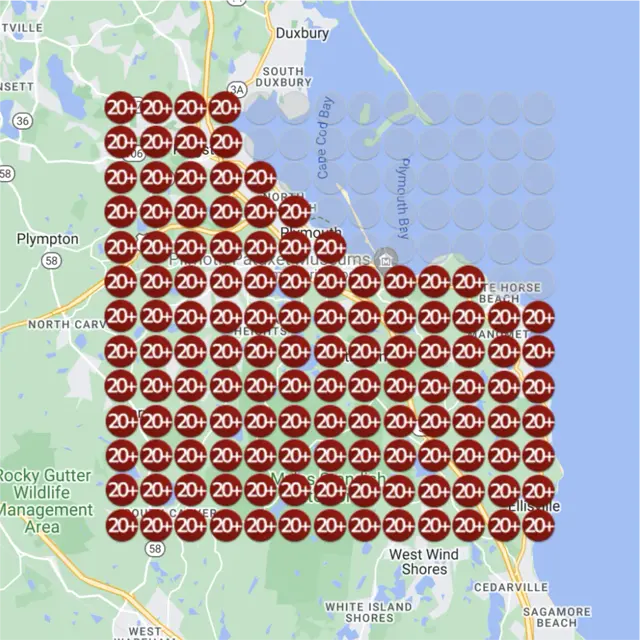Ranking map for a solar installation, before: a grid of numbered dots over a town map, each showing where the business came up on Google Maps for "solar panel sales" from that spot