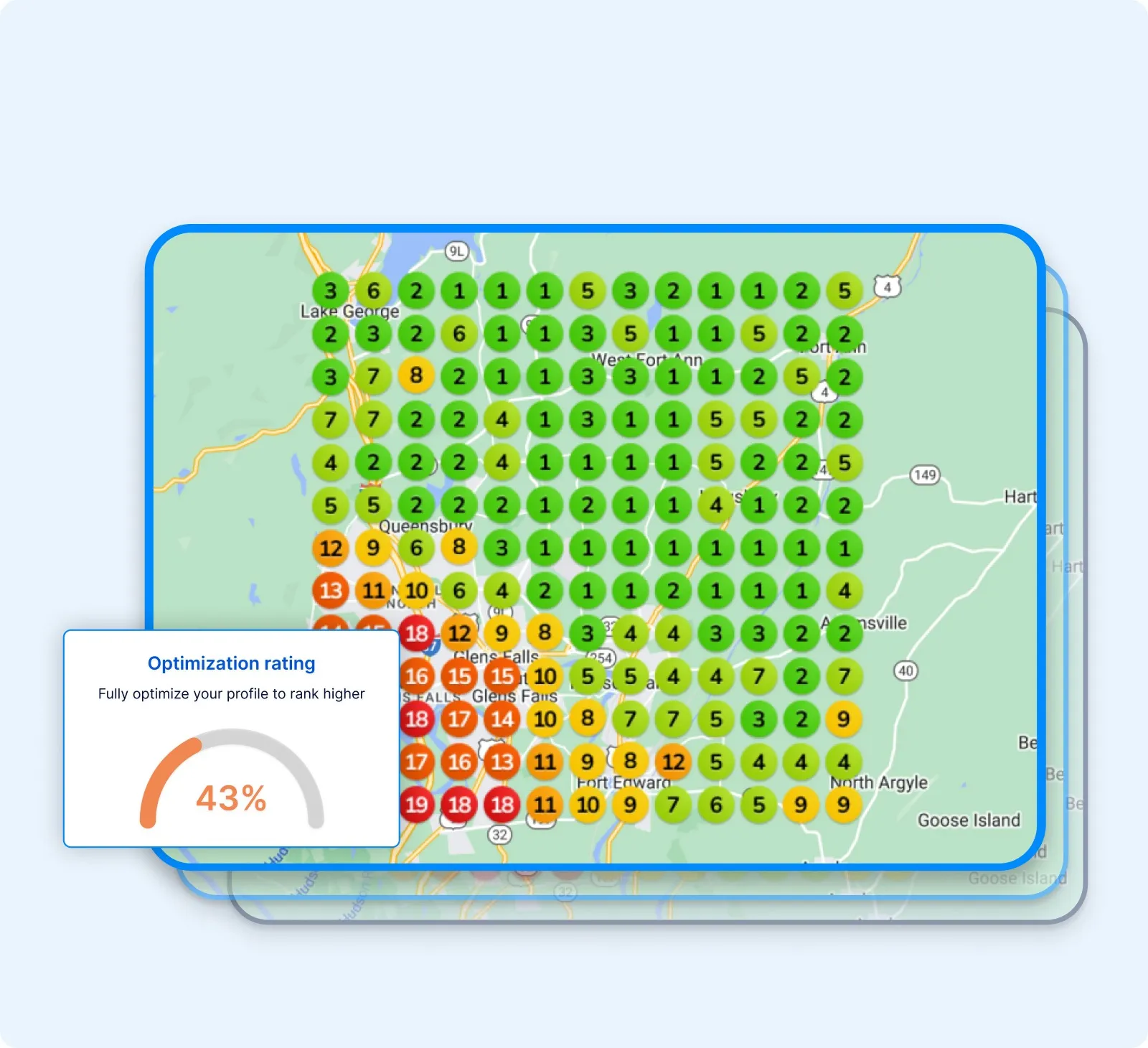 A ranking map of numbered dots over a town map, with a card showing a sample profile score of 43 percent