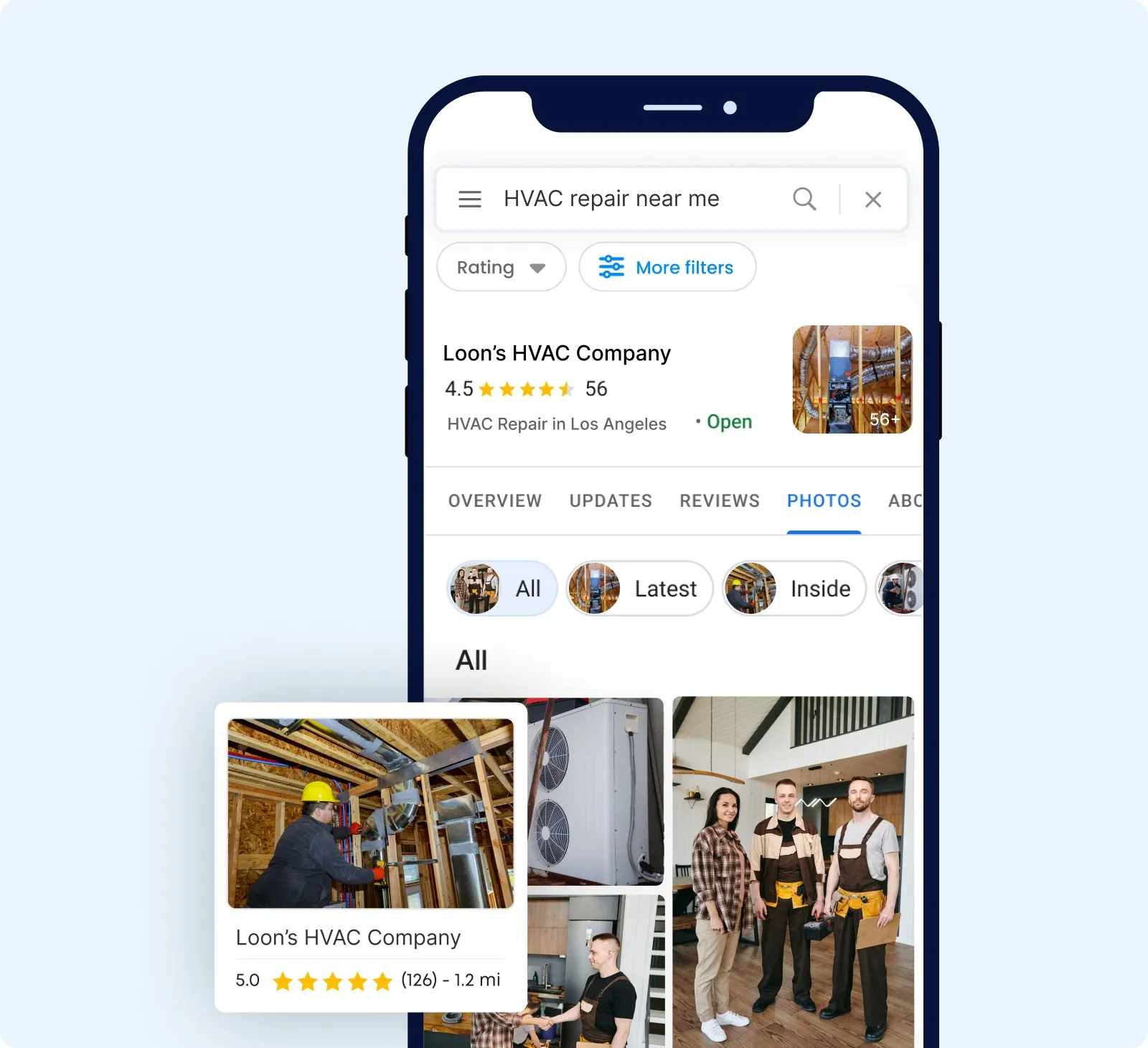 A phone showing a Google search for HVAC repair near me, with a sample business profile and a set of its photos