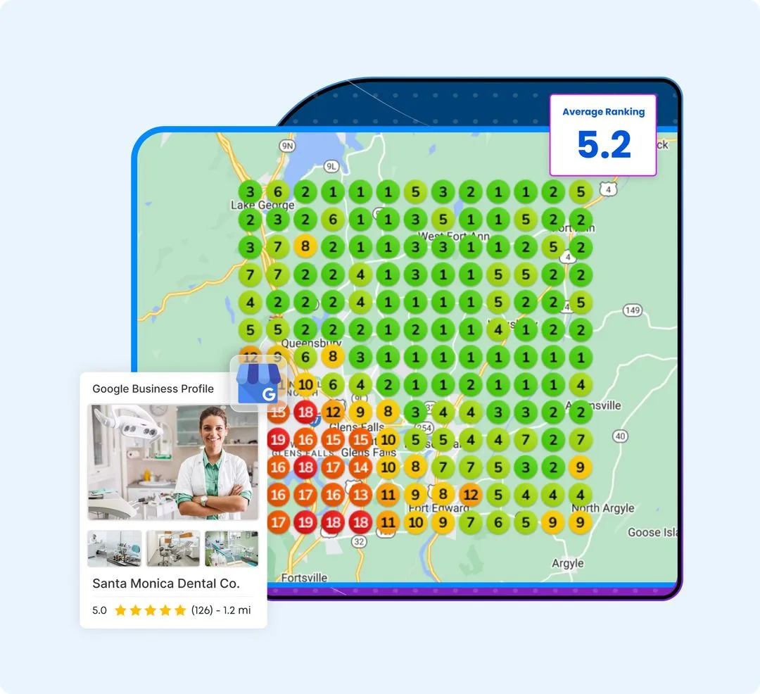 An example ranking map: a grid of numbered dots over a town map showing where a business ranks on Google Maps from each spot, with a sample Google Business Profile card